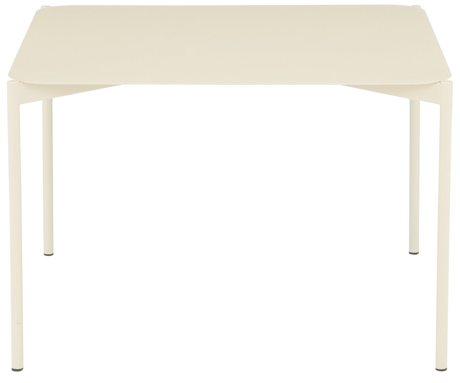 Moderner Beistelltisch in hellem Beige, frontal fotografiert mit schlanken, geraden Beinen.