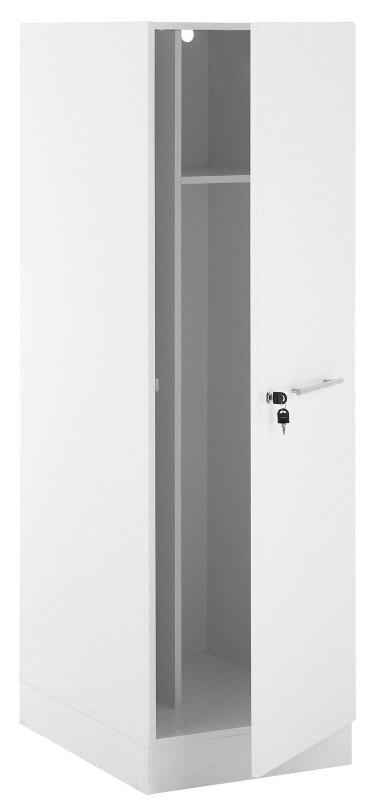 Weißer Haushaltschrank mit geöffneter Tür, seitliche Perspektive, zeigt Innenraum mit Regalboden und Schloss mit Schlüssel.