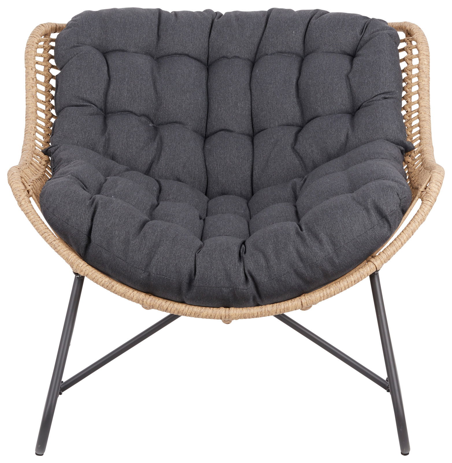 Frontansicht eines Relaxsessels mit grauem, gepolstertem Sitzkissen und einem Rahmen aus geflochtenem Material.