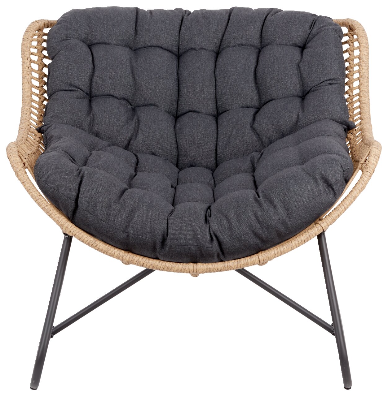 Frontansicht eines Relaxsessels mit grauem, gepolstertem Sitzkissen und einem Rahmen aus geflochtenem Material.