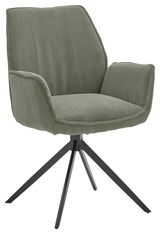 Grüner Armlehnstuhl mit geripptem Stoffbezug und schwarzem Metallgestell, seitliche Perspektive