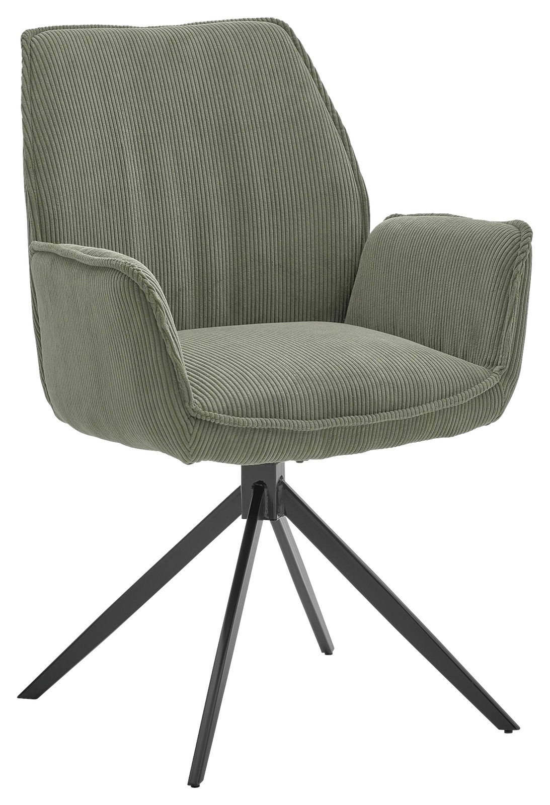 Musterring Armlehnstuhl MR TIAMA Grüner Armlehnstuhl mit geripptem Stoffbezug und schwarzem Metallgestell, seitliche Perspektive