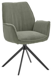 Grüner Armlehnstuhl mit geripptem Stoffbezug und schwarzem Metallgestell, seitliche Perspektive