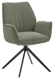 Grüner Armlehnstuhl mit geripptem Stoffbezug und schwarzem Metallgestell, seitliche Perspektive