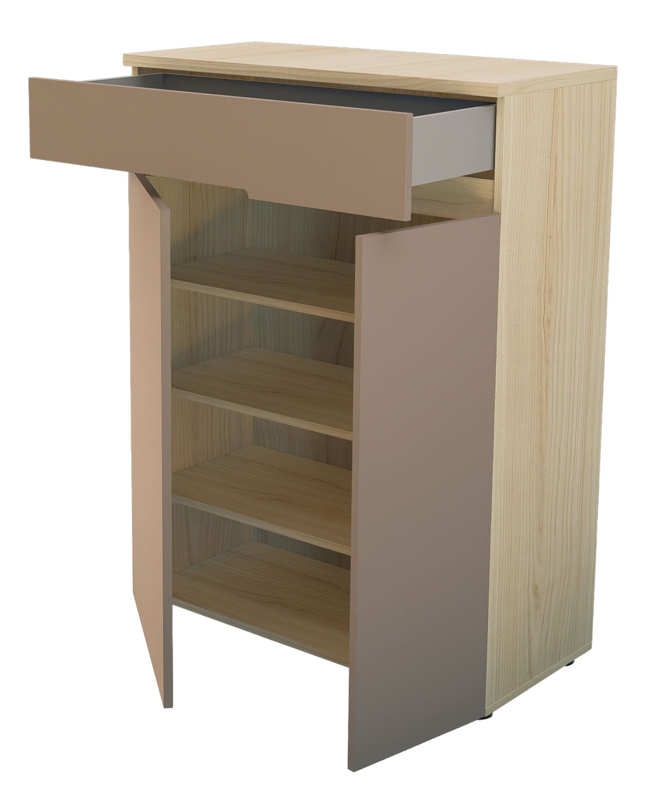 Schuhschrank aus Holz mit geöffneter Schublade und Türen, frontale Perspektive