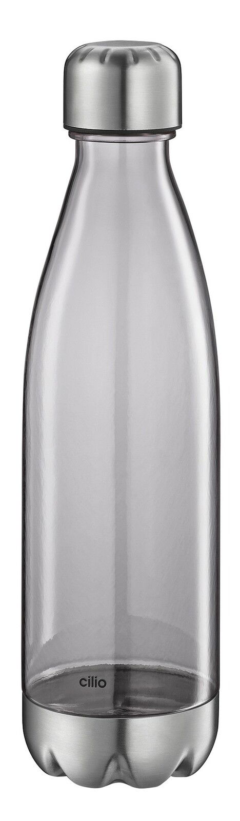 Trinkflasche ELEGANTE 700 ml aus Glas mit Edelstahlverschluss und -boden, frontal abgebildet.