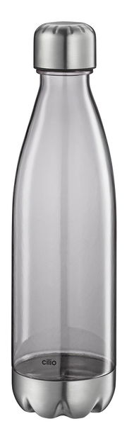 Trinkflasche ELEGANTE 700 ml aus Glas mit Edelstahlverschluss und -boden, frontal abgebildet.