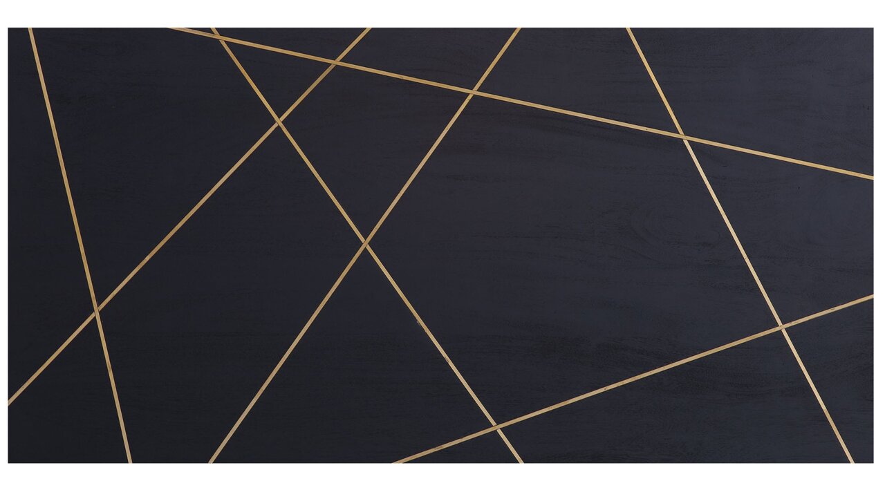 Draufsicht auf eine Couchtischplatte mit schwarzer Oberfläche und goldenen geometrischen Linien.