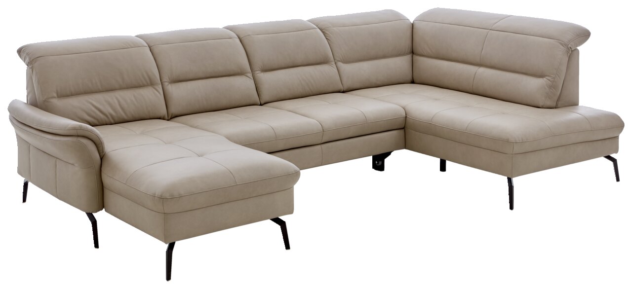 Beige Polsterrundecke in L-Form, Perspektive von vorne links