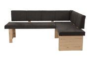 Eckbank mit dunkelgrauem Stoffbezug und Holzfüßen, frontale Perspektive
