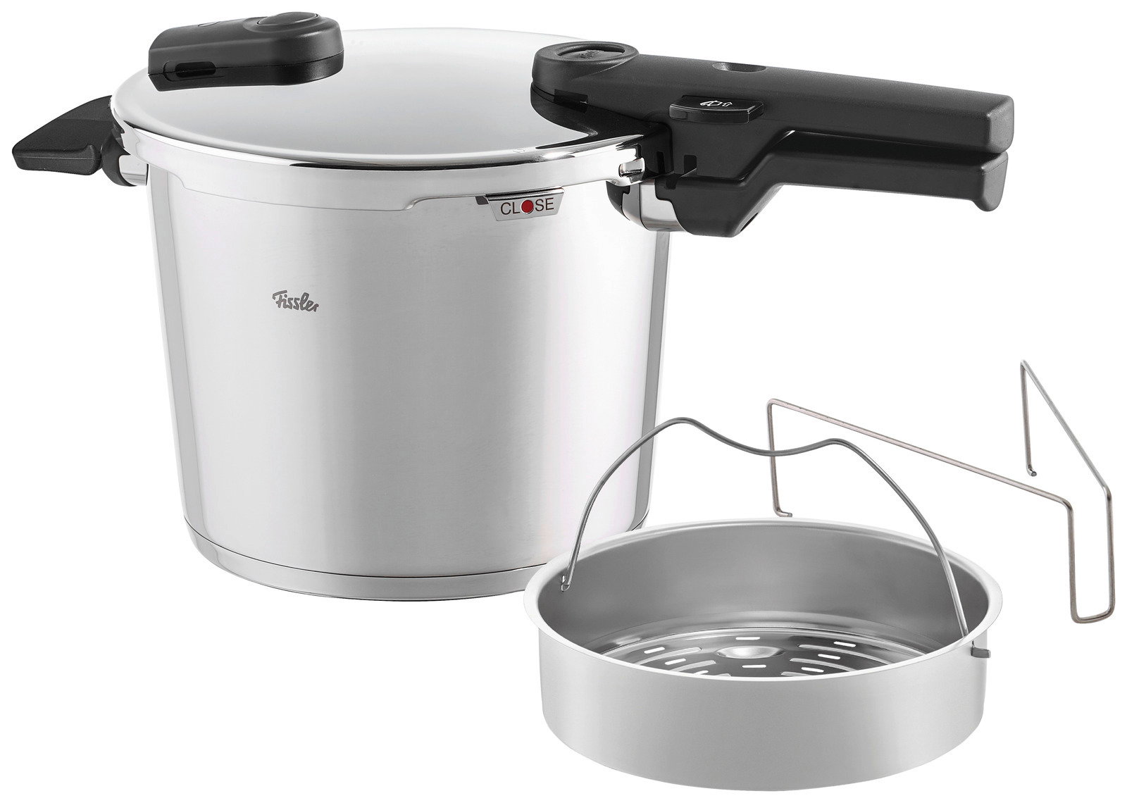 Fissler Schnellkochtopf VITAQUICK Schnellkochtopf Vitaquick 6 l von Fissler, seitliche Perspektive mit Einsatz und Gestell
