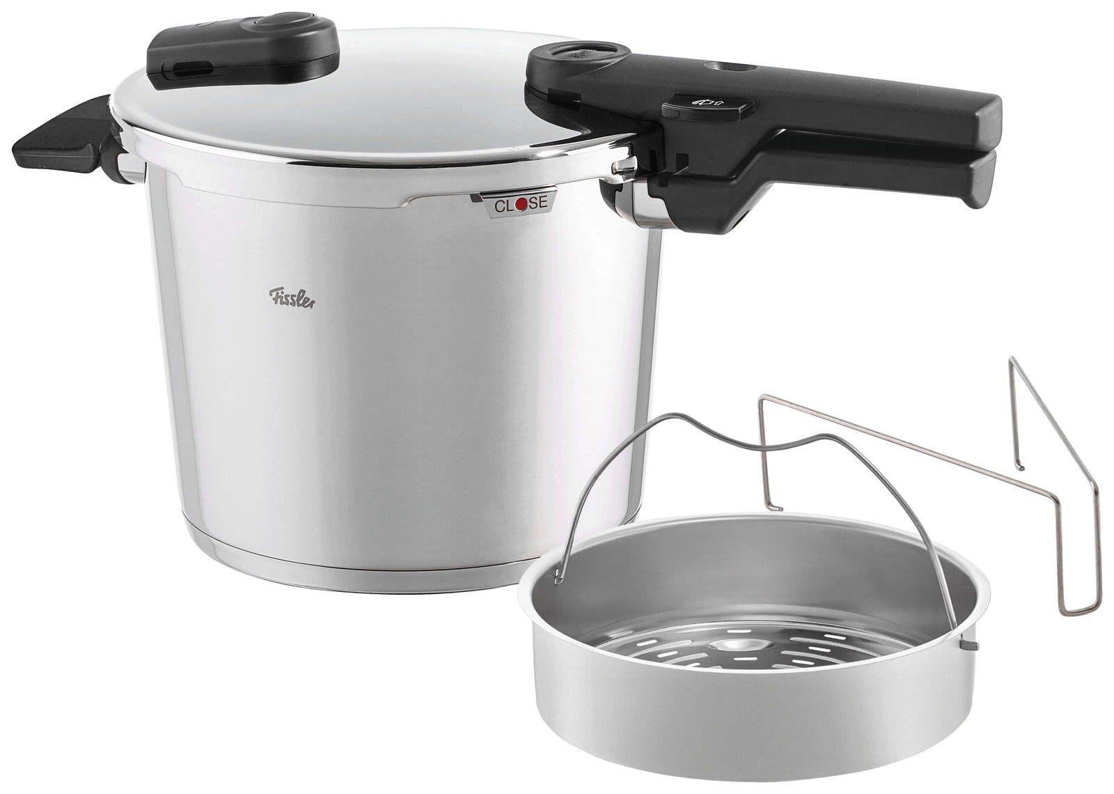 Schnellkochtopf Vitaquick 6 l von Fissler, seitliche Perspektive mit Einsatz und Gestell