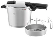 Schnellkochtopf Vitaquick 6 l von Fissler, seitliche Perspektive mit Einsatz und Gestell
