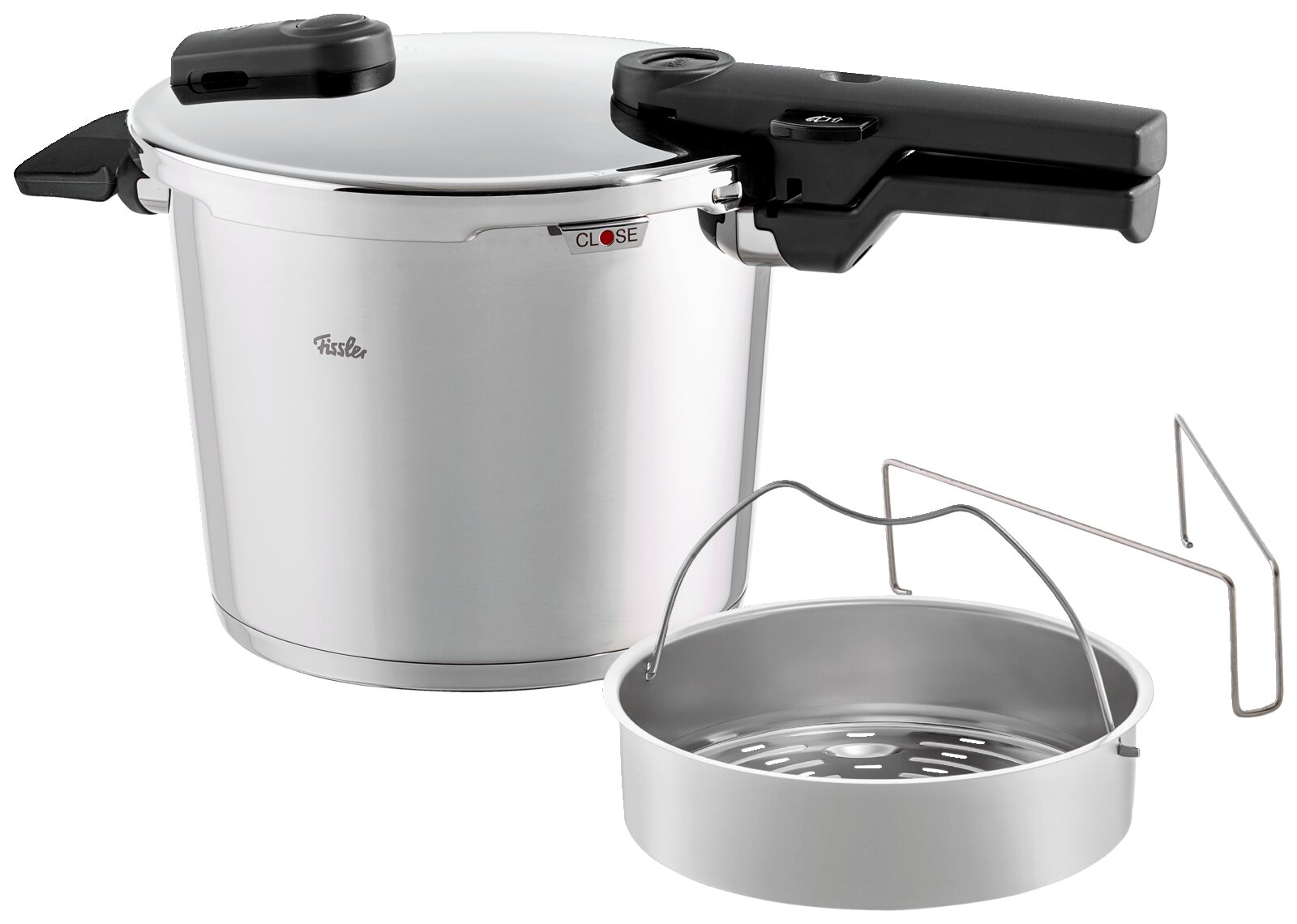Schnellkochtopf Vitaquick 6 l von Fissler, seitliche Perspektive mit Einsatz und Gestell