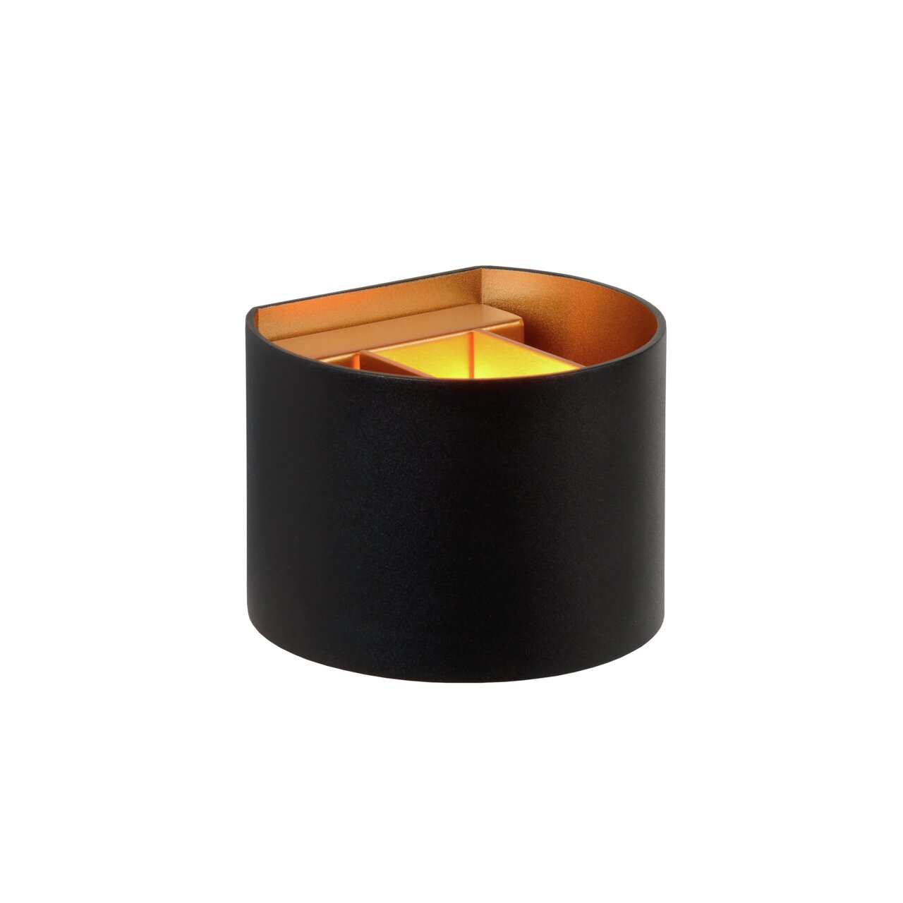Moderne zwarte wandlamp XIO met gouden binnenkant, zijaanzicht