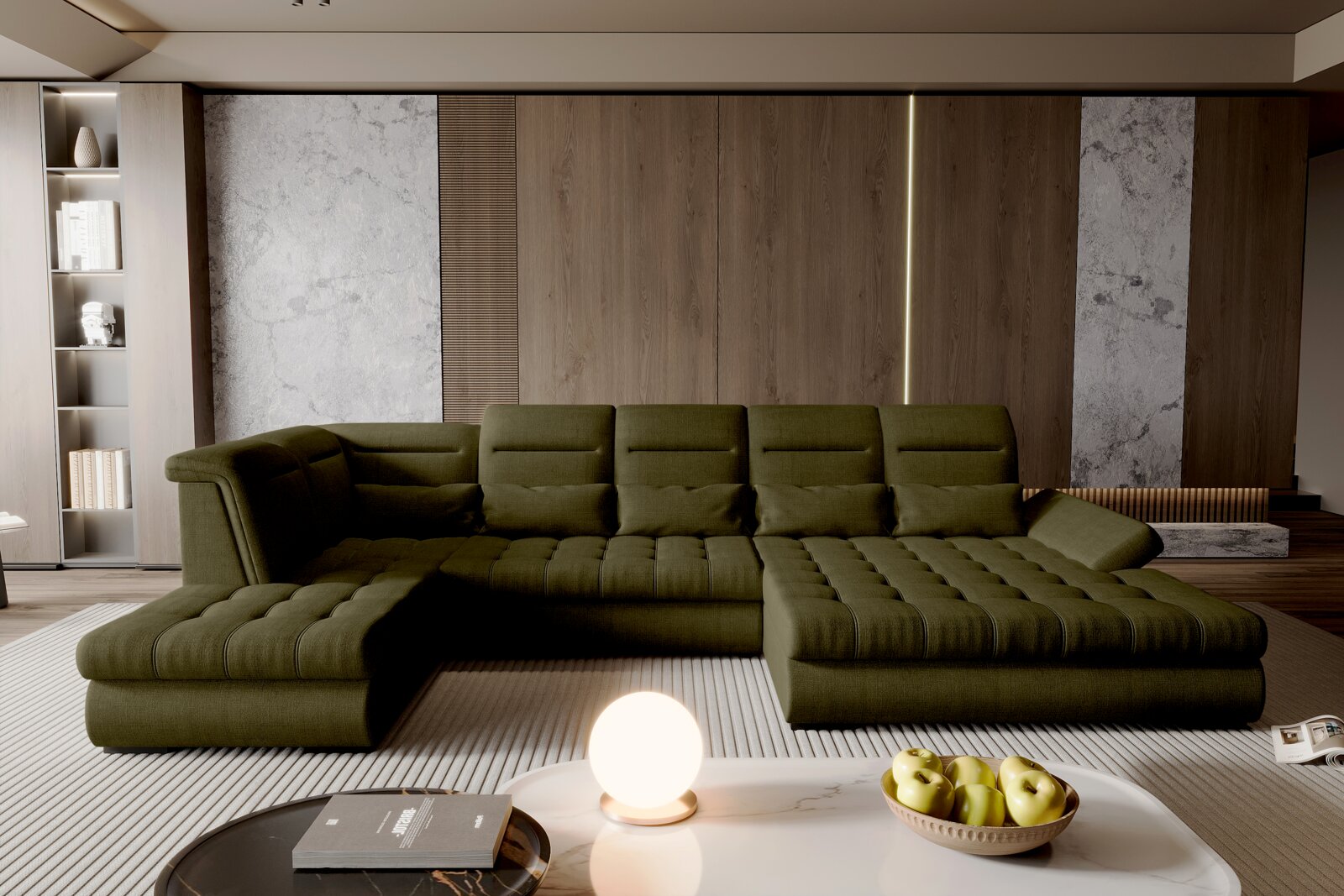 Modernes, olivgrünes U-förmiges Stoff-Ecksofa mit gesteppten Sitzflächen in einem stilvollen Wohnzimmer, frontale Perspektive auf das Sofa.