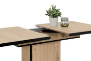 Nahaufnahme eines ausziehbaren Esstisches aus Holz mit schwarzem Rand, dekoriert mit einer Pflanze und einem Glasgefäß, seitliche Perspektive.