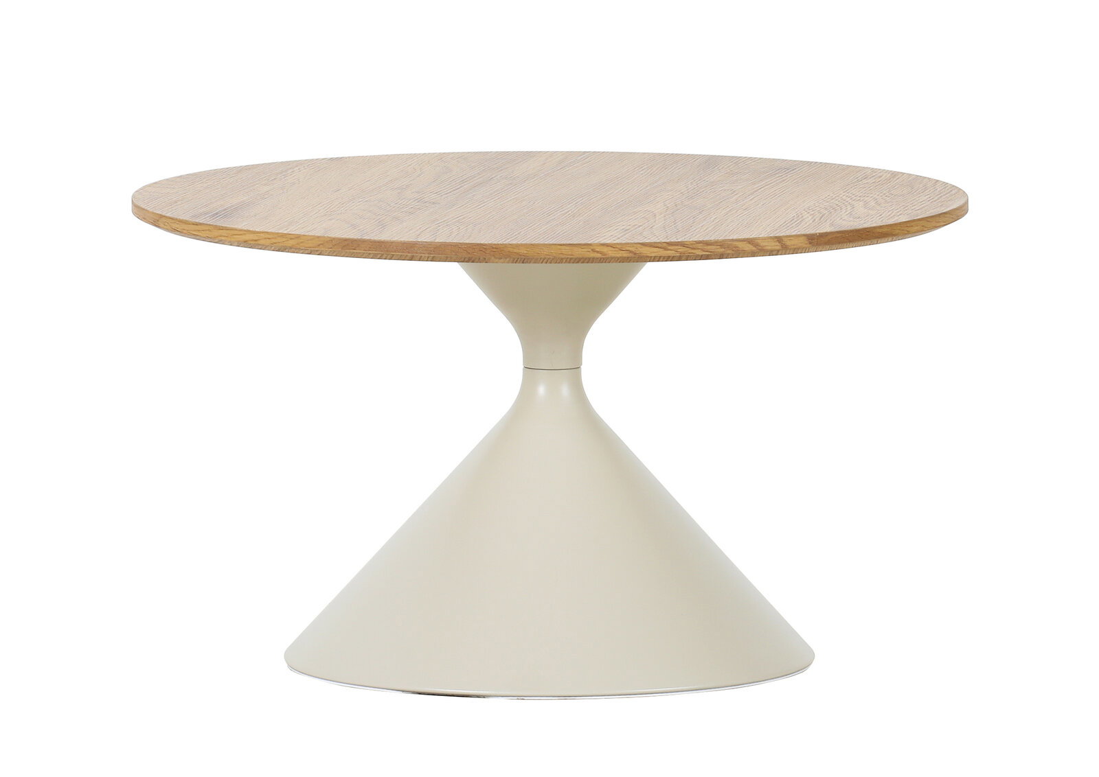 Stylife Couchtisch AMALYA Runder Beistelltisch mit heller Holzplatte und konischem, cremefarbenem Fuß, freigestellt auf weißem Hintergrund, Seitenansicht auf Augenhöhe.