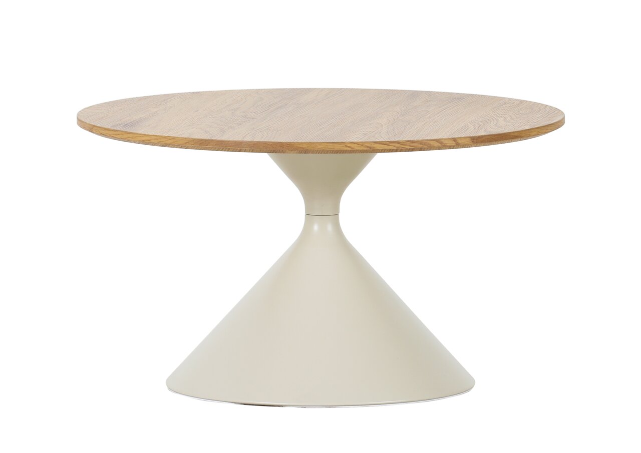 Stylife Couchtisch AMALYA Runder Beistelltisch mit heller Holzplatte und konischem, cremefarbenem Fuß, freigestellt auf weißem Hintergrund, Seitenansicht auf Augenhöhe.
