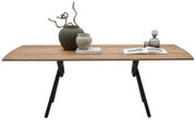 Rechthoekige houten eettafel met afgeronde hoeken en zwarte metalen poten, frontaal aanzicht op witte achtergrond, gestyled met vazen, boek en karaf.