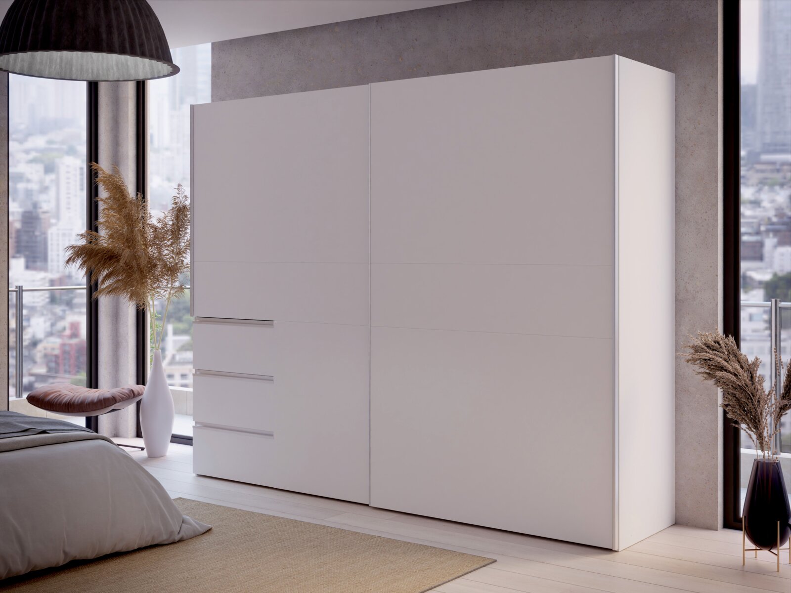 Moderner, weißer Schwebetürenschrank mit zwei Türen, seitliche Perspektive, in einem stilvoll eingerichteten Schlafzimmer mit großen Fenstern und Stadtblick.