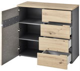 Kommode mit drei offenen Schubladen und einer geöffneten Tür, aus hellem Holz und dunklem Korpus, Perspektive von vorne rechts