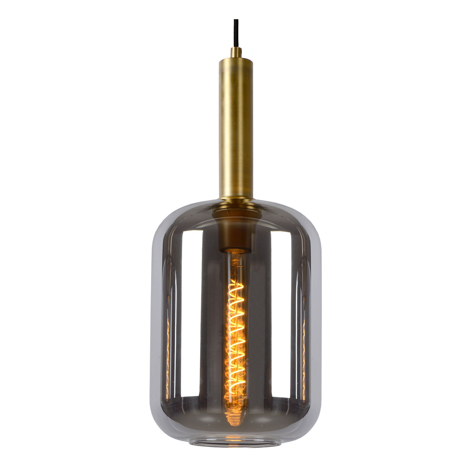 Moderne Pendelleuchte JOANET mit rauchgrauem Glas und goldener Fassung, seitliche Perspektive