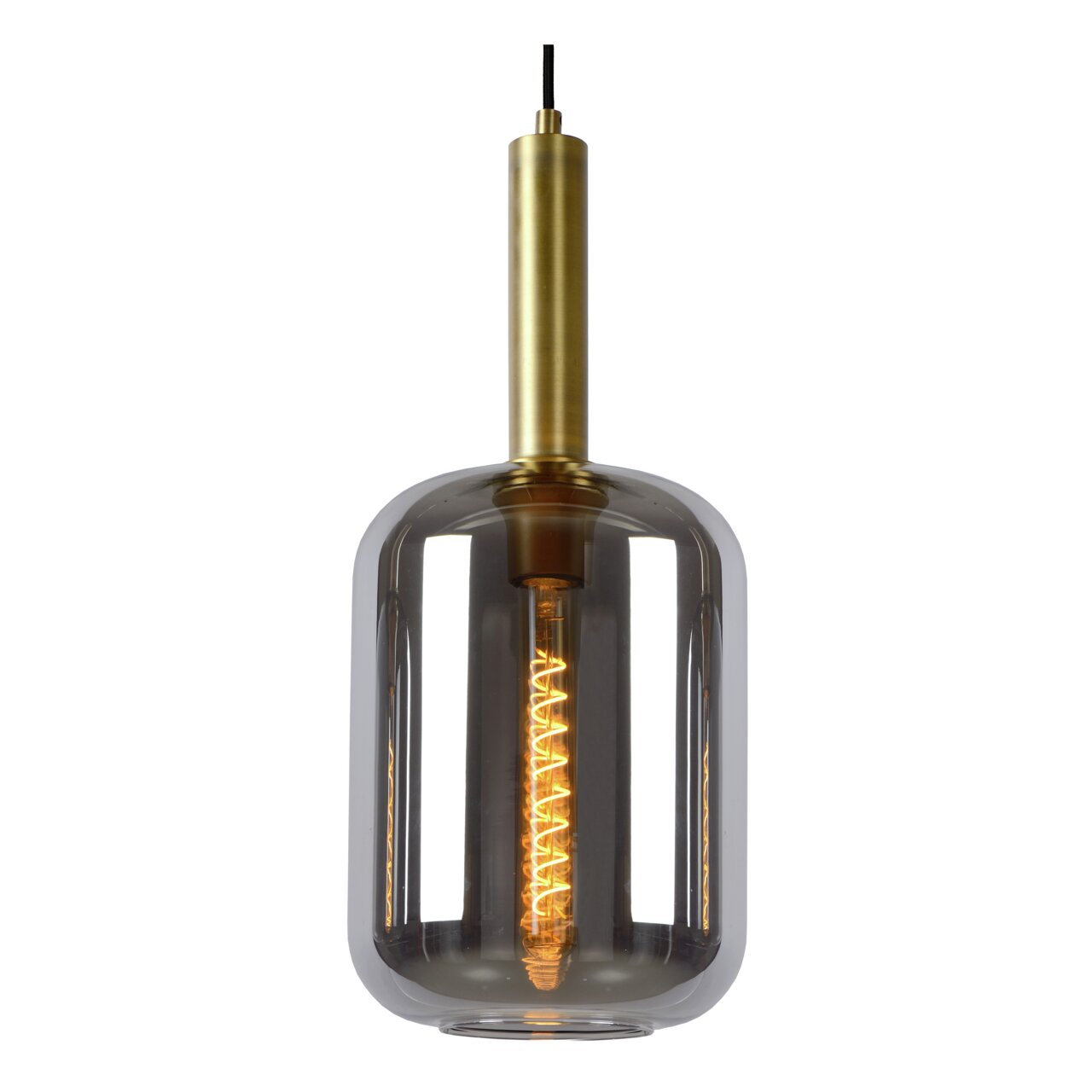 Moderne Pendelleuchte JOANET mit rauchgrauem Glas und goldener Fassung, seitliche Perspektive