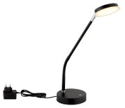 Schwarze LED-Tischleuchte mit flexiblem Hals und rundem Sockel, seitliche Perspektive