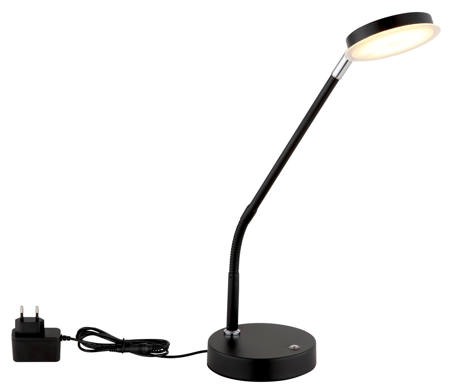 Schwarze LED-Tischleuchte mit flexiblem Hals und rundem Sockel, seitliche Perspektive