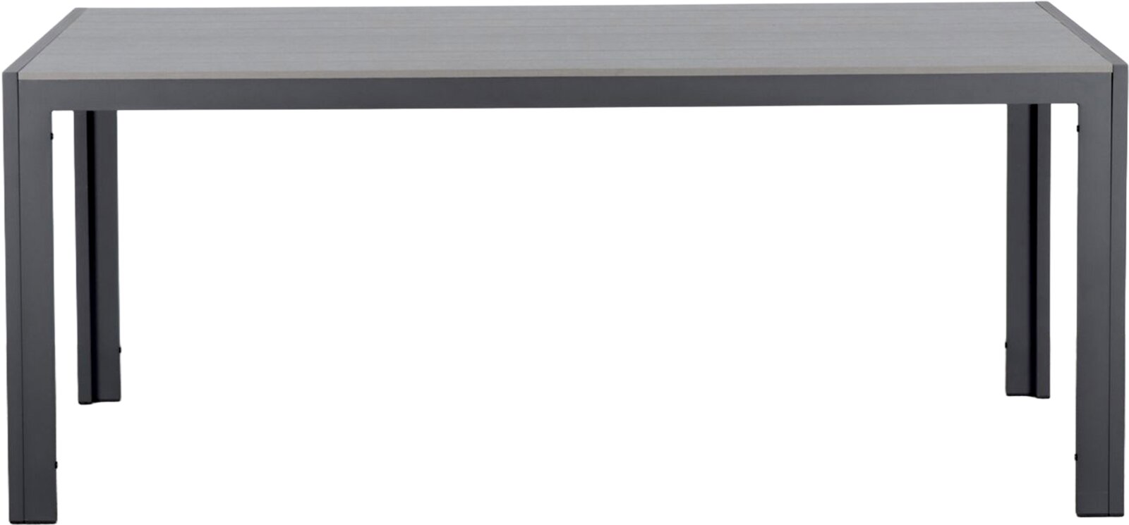 Moderner Gartentisch 180x92 cm in grauer Farbe, frontal abgebildet.