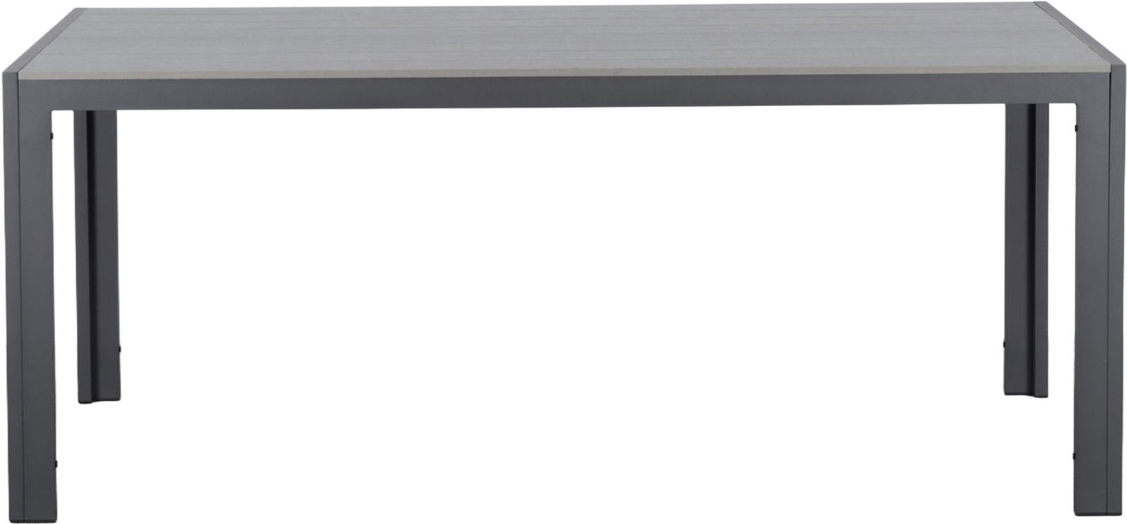 Moderner Gartentisch 180x92 cm in grauer Farbe, frontal abgebildet.