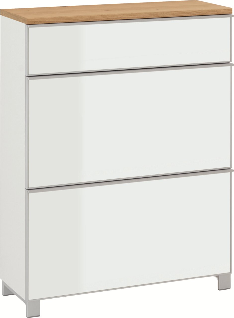 Weiße Kommode mit drei Schubladen und Holzplatte, freistehend auf kurzen Füßen, in schräger Frontansicht (leicht von oben) vor weißem Hintergrund