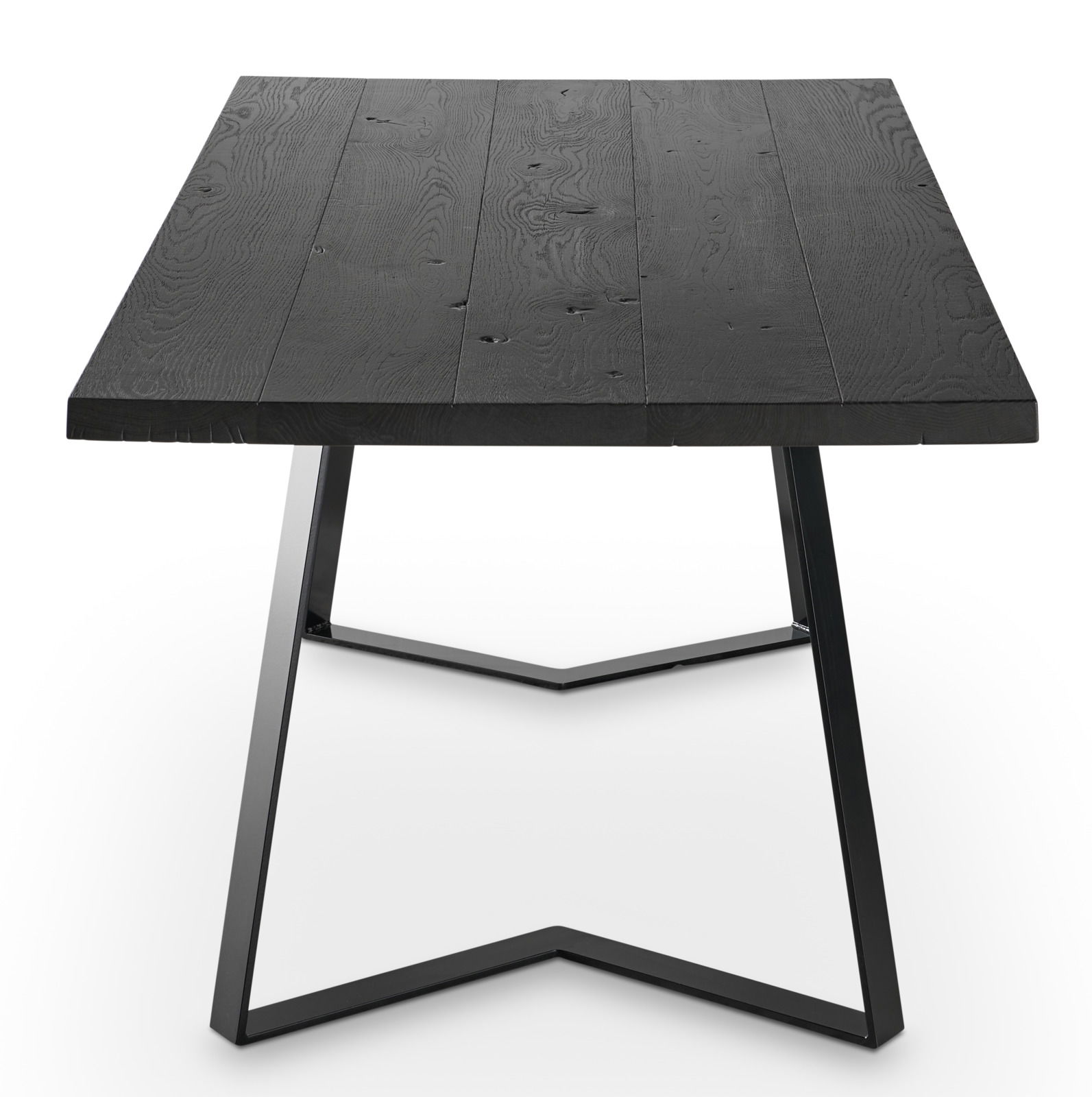 Moderner schwarzer Esstisch aus Holz mit Metallgestell, Vorderansicht