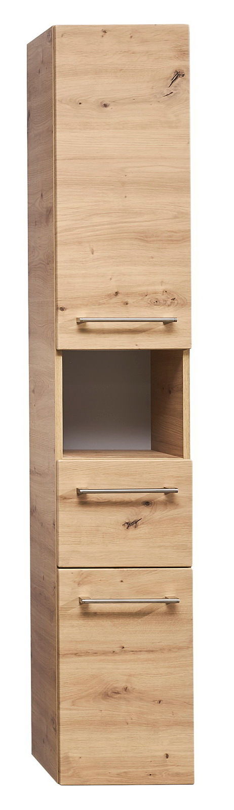 Hochschrank aus Holz mit drei Schubladen und einem offenen Fach, frontal betrachtet.