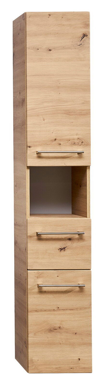 Hochschrank aus Holz mit drei Schubladen und einem offenen Fach, frontal betrachtet.