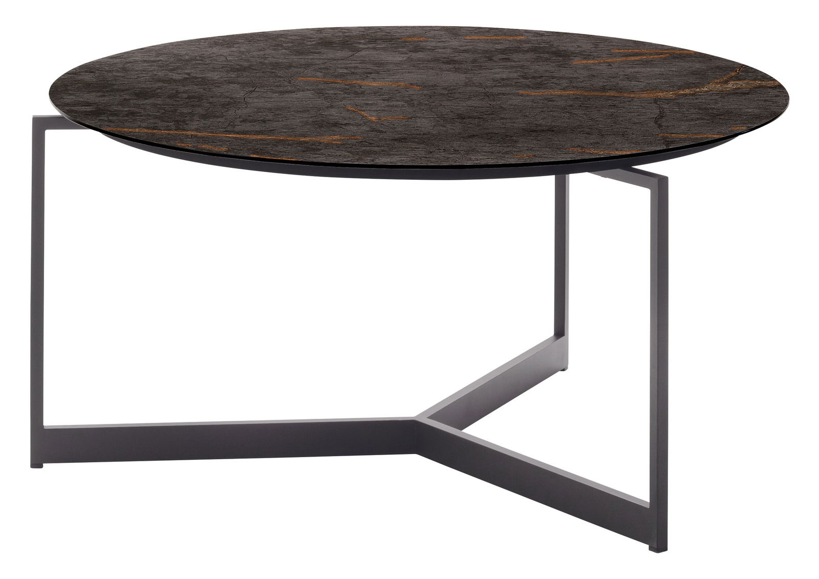 Venjakob Couchtisch 4902 Runder Couchtisch mit dunkler, marmorierter Tischplatte und modernem Metallgestell, seitliche Perspektive.