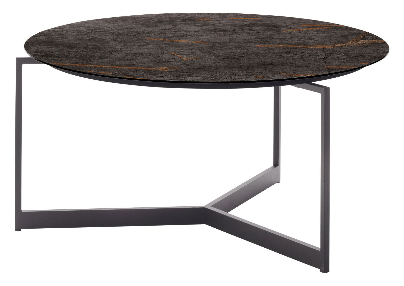 Venjakob Couchtisch 4902 Runder Couchtisch mit dunkler, marmorierter Tischplatte und modernem Metallgestell, seitliche Perspektive.