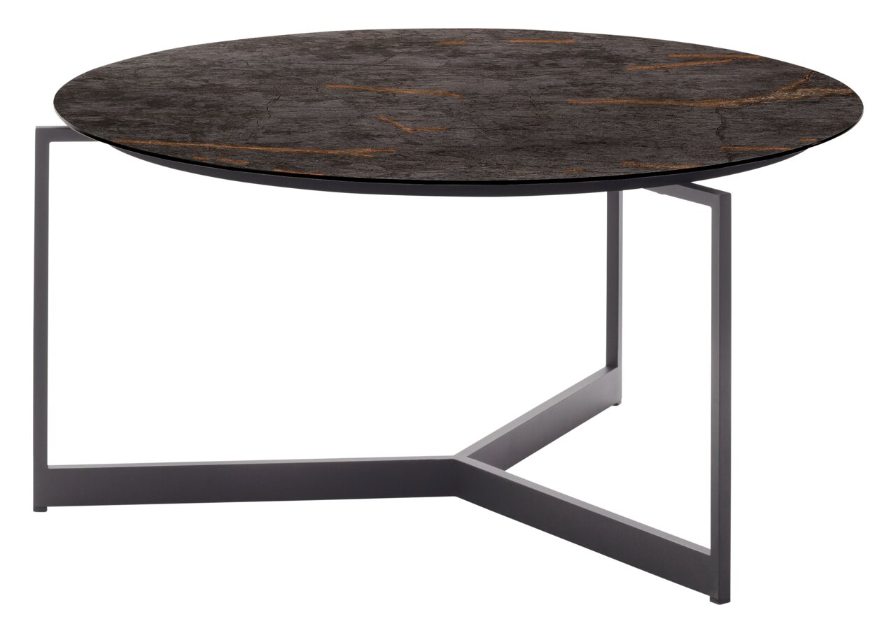 Venjakob Couchtisch ELBA Runder Couchtisch mit dunkler, marmorierter Tischplatte und modernem Metallgestell, seitliche Perspektive.