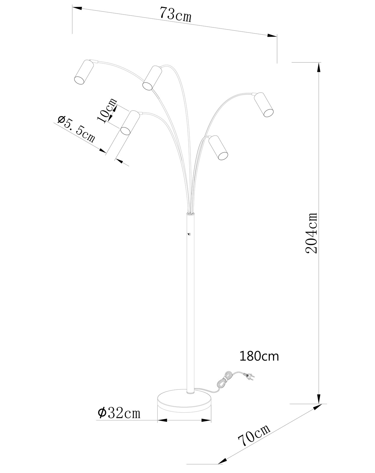 Stehleuchte mit fünf verstellbaren Armen, Gesamtansicht von der Seite, Höhe 204 cm, Basisdurchmesser 32 cm.
