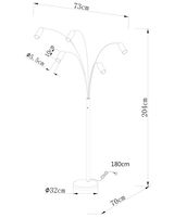 Stehleuchte mit fünf verstellbaren Armen, Gesamtansicht von der Seite, Höhe 204 cm, Basisdurchmesser 32 cm.