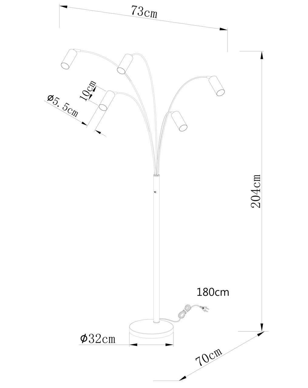 Stehleuchte mit fünf verstellbaren Armen, Gesamtansicht von der Seite, Höhe 204 cm, Basisdurchmesser 32 cm.