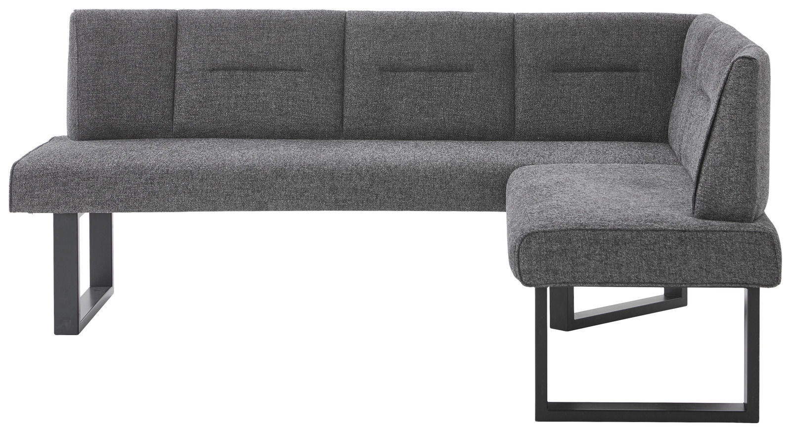 Graue Eckbank mit modernem Design, Metallbeinen und gepolsterten Sitzflächen, seitliche Perspektive