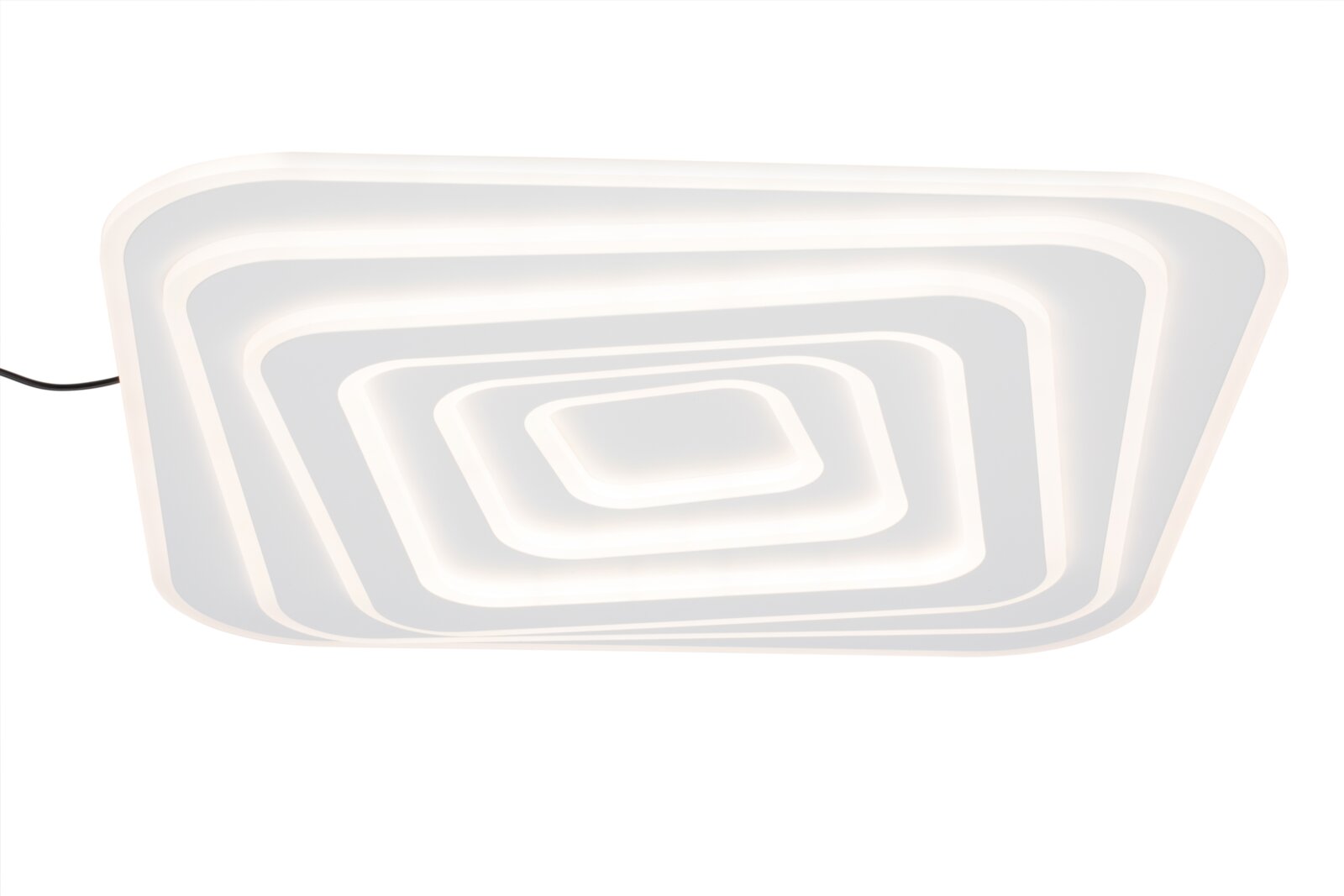 Novel LED-Deckenleuchte EDINBURGH DECKENLEUCHTE Moderne weiße LED-Deckenleuchte in abgerundet-rechteckiger Form mit konzentrischen Lichtflächen, frontal von unten auf weißem Hintergrund fotografiert