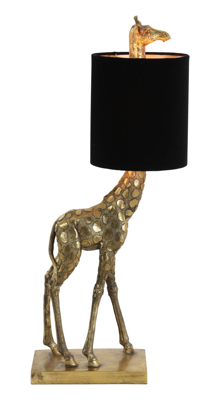 Gouden tafellamp in de vorm van een giraf met een zwarte lampenkap, zijaanzicht