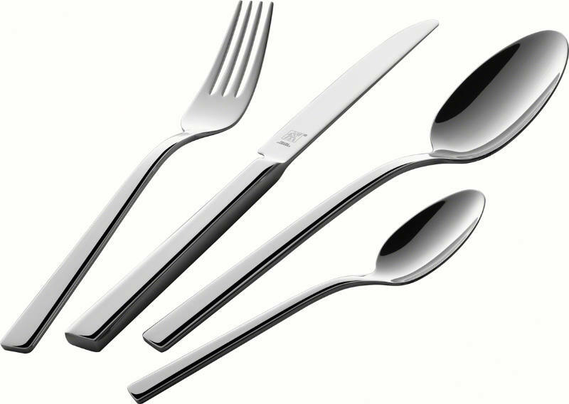Elegantes Besteckset aus Edelstahl, bestehend aus Gabel, Messer, Esslöffel und Teelöffel, in seitlicher Perspektive.