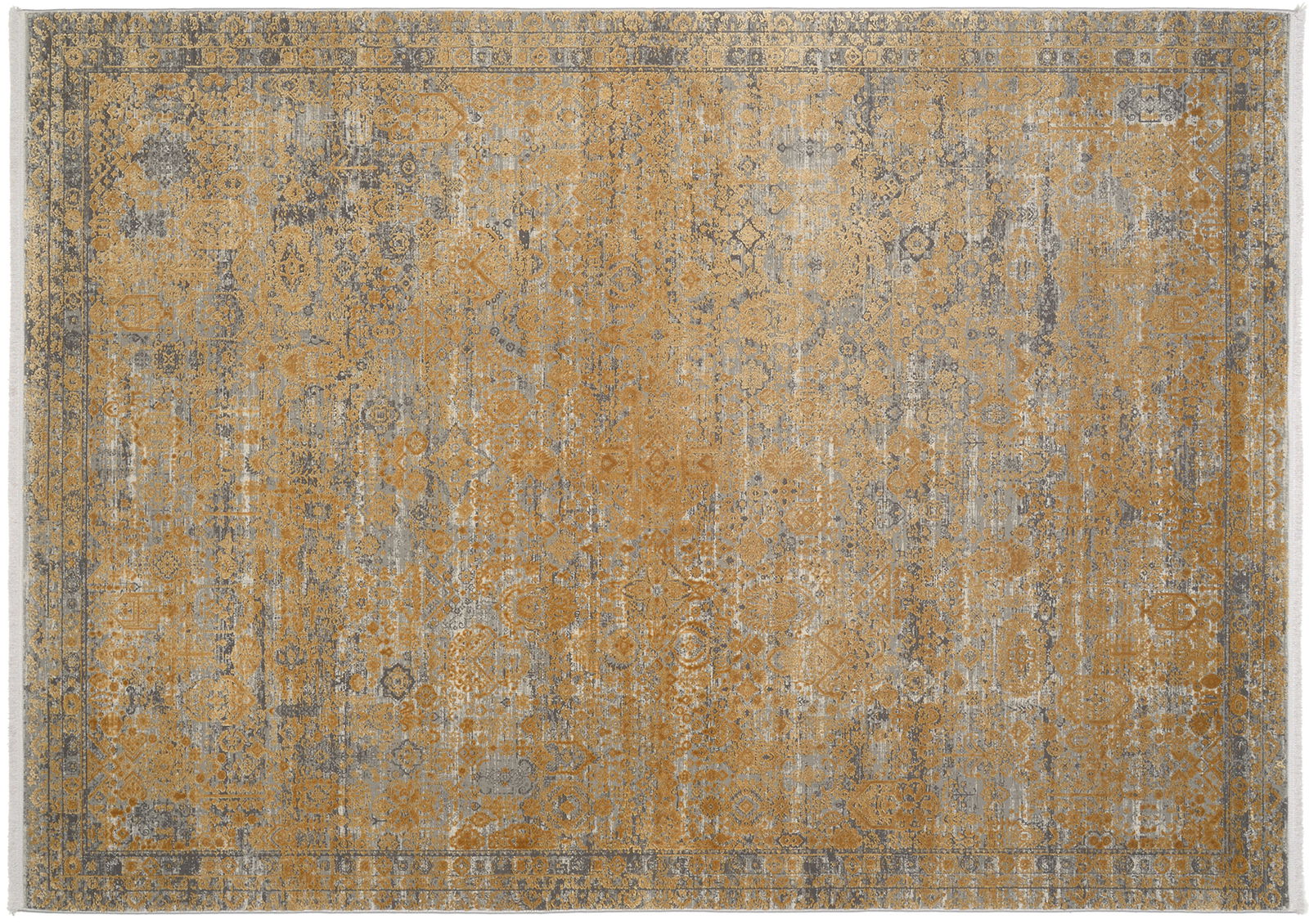 Designer Teppich in goldener und grauer Farbgebung mit komplexem Muster, Draufsicht