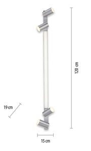 Moderne Deckenleuchte PURE-LINES von Paul Neuhaus in silberner Farbe, vertikal ausgerichtet mit vier zylinderförmigen Strahlern, Maße 120 cm x 15 cm x 19 cm.