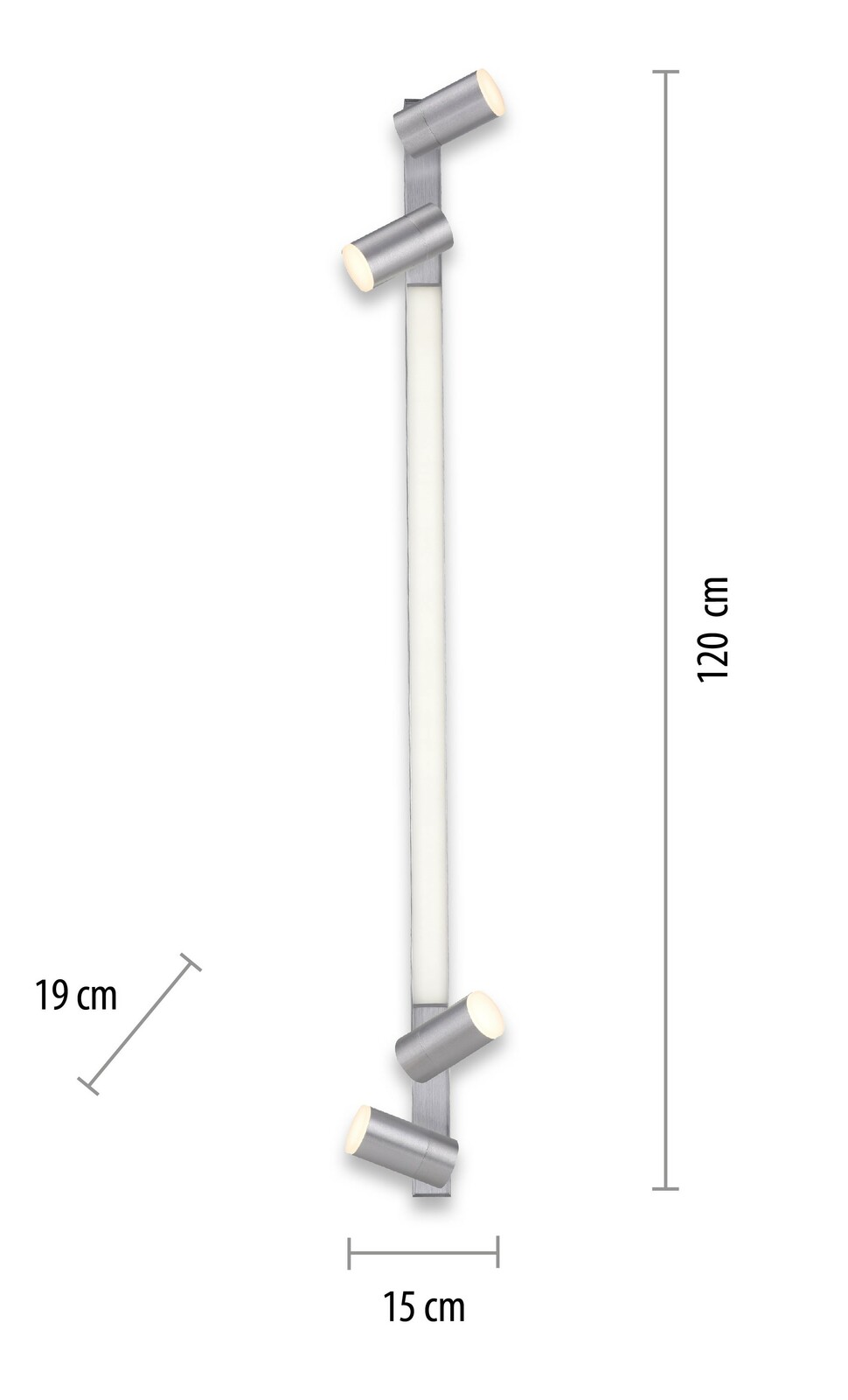 Moderne Deckenleuchte PURE-LINES von Paul Neuhaus in silberner Farbe, vertikal ausgerichtet mit vier zylinderförmigen Strahlern, Maße 120 cm x 15 cm x 19 cm.
