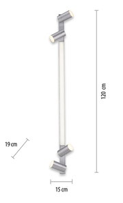 Moderne Deckenleuchte PURE-LINES von Paul Neuhaus in silberner Farbe, vertikal ausgerichtet mit vier zylinderförmigen Strahlern, Maße 120 cm x 15 cm x 19 cm.